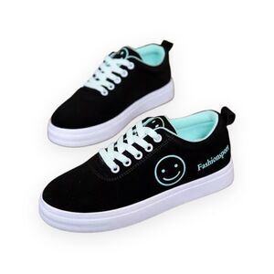 Black Canvas Happy Face Lace-Up Sneakers Shoes NEW